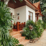 Tropical plants grow in a garden